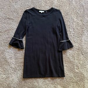 WHITE + WARREN | Modern Flutter dress | black 3/4 sleeve knit dress |